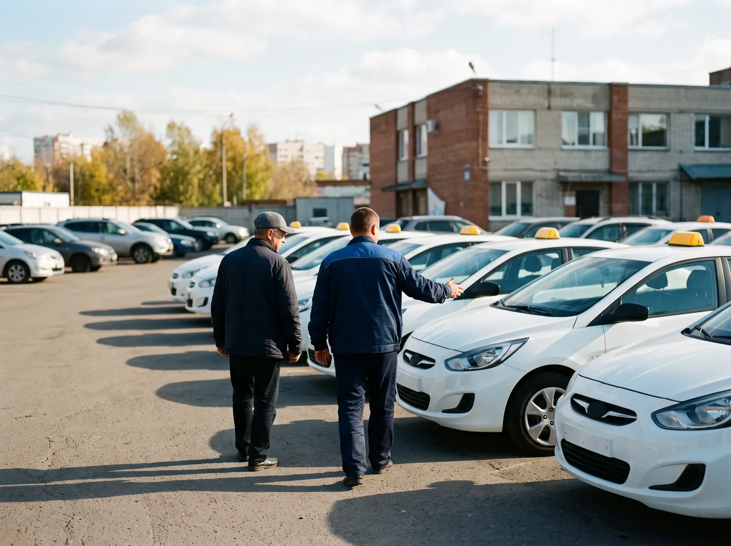 Сотрудник парка показывает водителю ряд белых машин на площадке